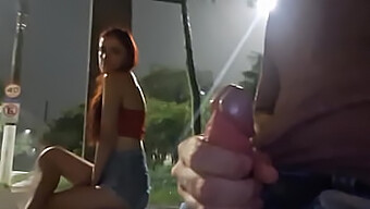 Brazilian Pornstar Performs Public Masturbation On A Redhead At The Bus Stop